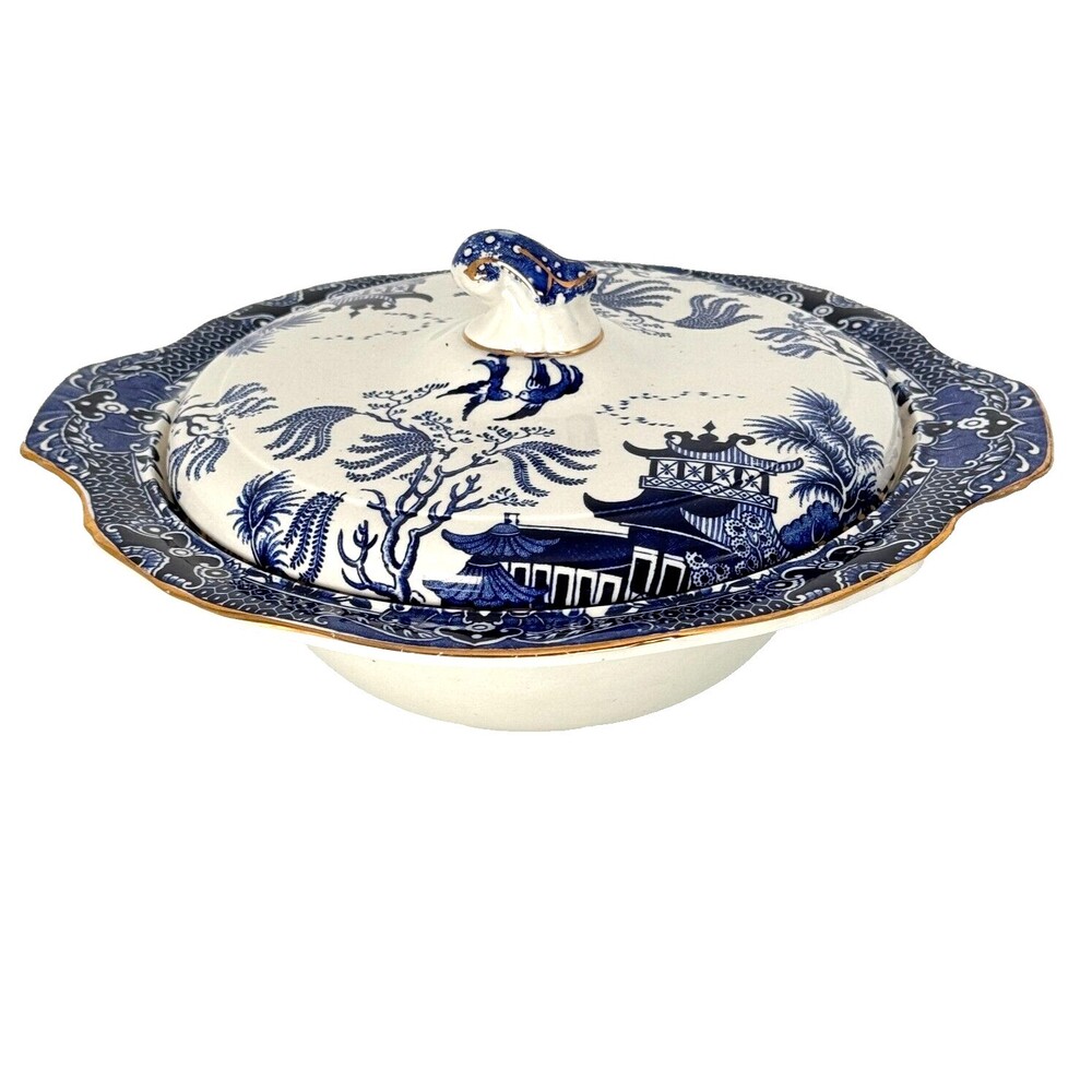 Burleigh Ware Blue Willow Covered Vegetable Bowl Dinnerware Tableware UK 10 inch